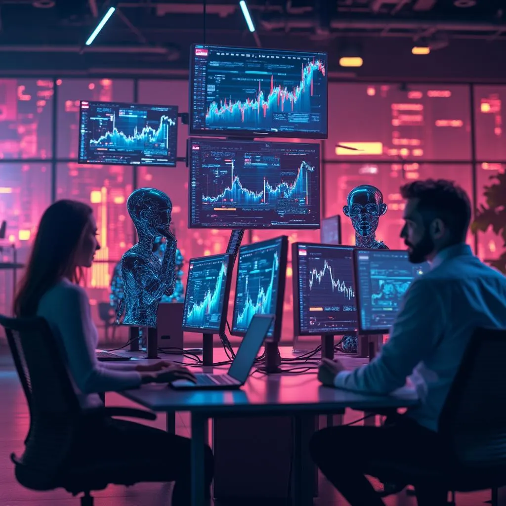 Équipe FinanceAI dans un bureau moderne avec écrans d'analyse financière